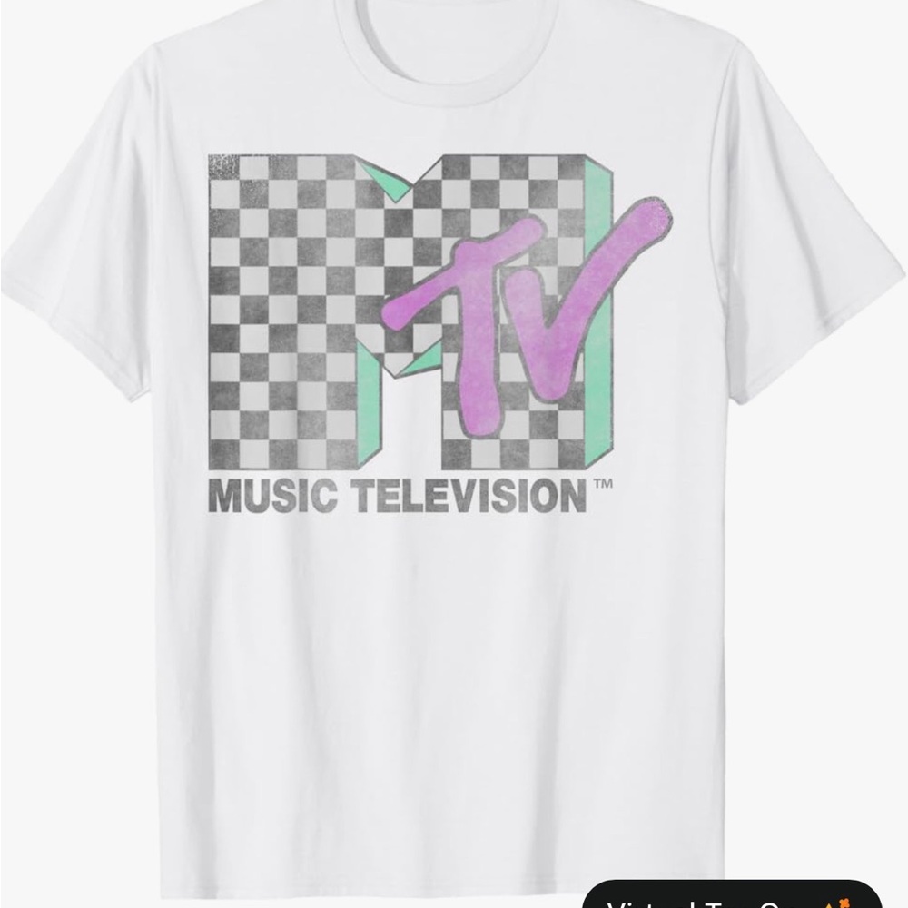 MTV White Tee with Checkerboard Logo and Pastel Accents